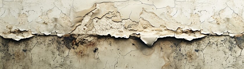 The photo shows a cracked and peeling wall. The wall is painted white and the paint is peeling in large pieces. The wall is also cracked in several places.