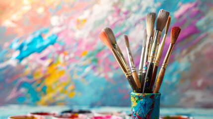 Fototapeta premium An artist’s studio where paintbrushes appear to paint colorful strokes in the air, creating a floating landscape painting with no canvas 
