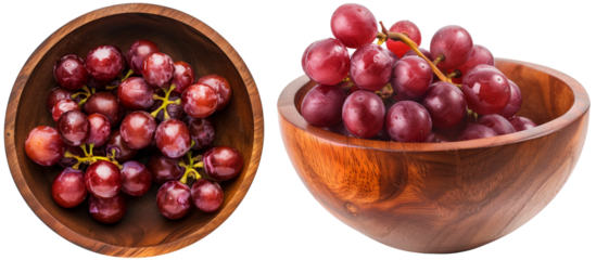 Wooden bowl with red grapes collection, front and top view, isolated on a transparent background