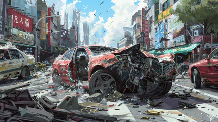 A car crash scene with a red car in the middle of the wreckage