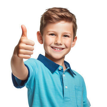 Smiling boy showing thumbs up sign isolated on transparent background