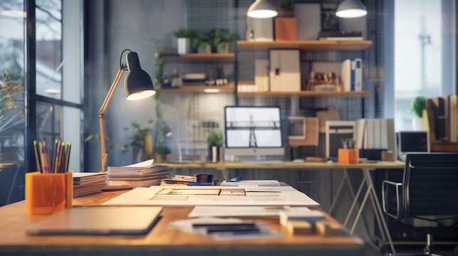 An engineer’s workspace with a minimalist drafting table that projects interactive 3D models of bridges and buildings into the space above 