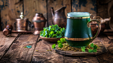 Pot of gold with mug of green beer and clover 