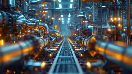 The image shows the inside of a factory, with a long conveyor belt running through the center