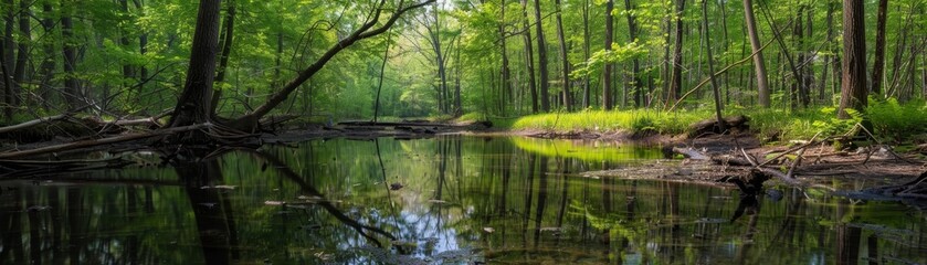 The photo shows a beautiful and peaceful forest with a still river running through it
