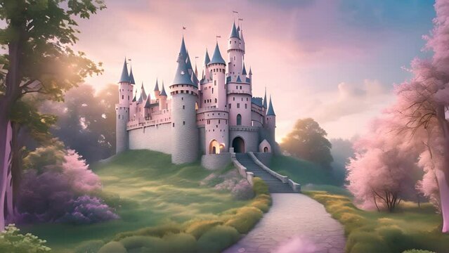Captivating Illustration. A Fairytale Castle in Soft Pastels, Conjuring a Magical and Mystical Medieval Realm