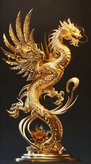 Fototapeta premium D of a Golden Statue Portraying the Mythical Power and Mystique of a Dragon or Phoenix