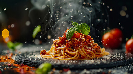 A plate of spaghetti with tomato sauce and basil. - obrazy, fototapety, plakaty