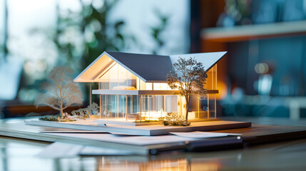 A model of a house on a table. - obrazy, fototapety, plakaty