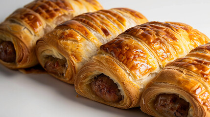 A row of sausage rolls on a white surface. - obrazy, fototapety, plakaty