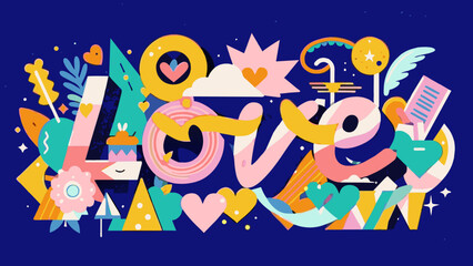 Vibrant Love Typography with Colorful Doodles and Shapes