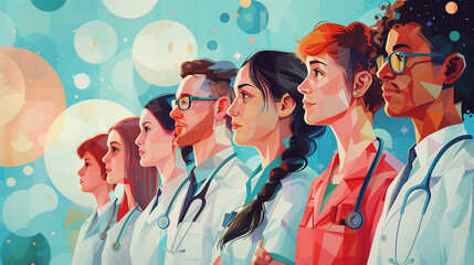 An illustration  of a team of doctor in style of clipart, medical health care concept, Generative AI