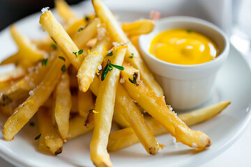 A plate of french fries with yellow sauce. - obrazy, fototapety, plakaty