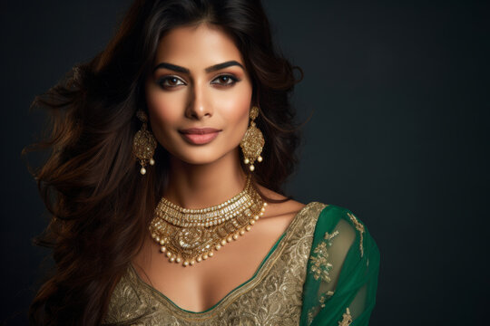 A young beautiful woman wearing traditional Indian bridal costumes and jewellery - Powered by Adobe