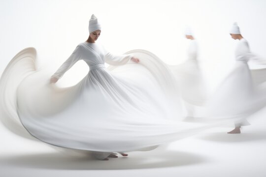 Sufi whirling dance with white dress on a white background and with a motion blur effect