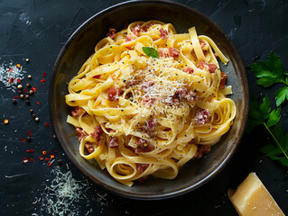 A bowl of pasta with bacon and parmesan cheese. - obrazy, fototapety, plakaty