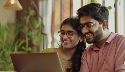 Young Indian ethnic couple with a laughing face using a laptop together