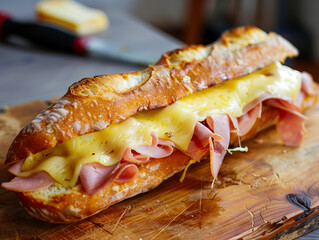 A sandwich with ham and cheese on a wooden cutting board. - obrazy, fototapety, plakaty