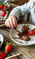 A child is eating chocolate strawberries on a plate. - obrazy, fototapety, plakaty