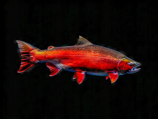 A salmon fish is swimming in the dark.