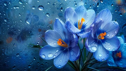 Blue crocuses in water droplets   spring blooms on a background dotted with raindrop traces