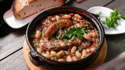 French Cassoulet Dish, Hearty Bean Stew From the South of France Containing White Beans, Duck or Goose Confit, Sausages and Lamb