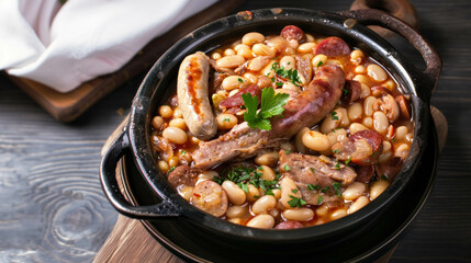 French Cassoulet Dish, Hearty Bean Stew From the South of France Containing White Beans, Duck or Goose Confit, Sausages and Lamb