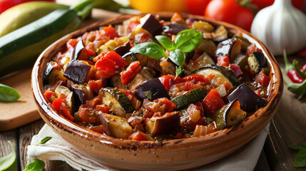 French Tatatouillle Dish, Vegetable Stew Originating From Nice, Featuring Eggplant, Zucchini, Bell Peppers, Tomato, Onion, and Herbs de Provence
