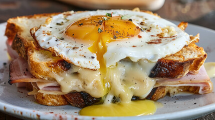 French Croque Madame Dish, Similar To The French Croque Monsieur But With the Addition of a Fried Egg on Top 