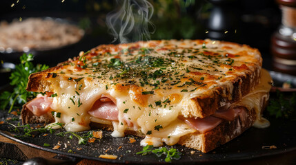 French Croque Monsieur Dish, Fried Boiled Ham And Cheese Sandwich, It Is Topped with Melted Cheese and Baked Under a Grill 