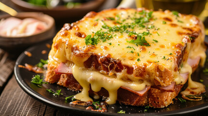 French Croque Monsieur Dish, Fried Boiled Ham And Cheese Sandwich, It Is Topped with Melted Cheese and Baked Under a Grill 