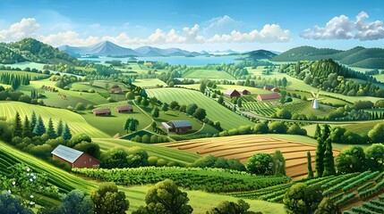 Fototapeta premium Stunning Pastoral Landscape with Rolling Hills Lush Meadows and Distant Mountains