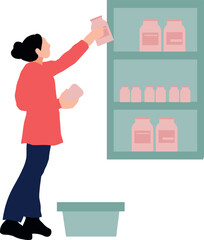 The girl is putting the bottles in the cabinet.