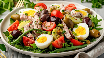 French Salade Niçoise Dish, Mixed Salad Consisting of Various Vegetables Like Tomatoes, Hard-Boiled Eggs, Olives, Anchovies, and Tuna, With Olive Oil. Originates from The City Of Nice