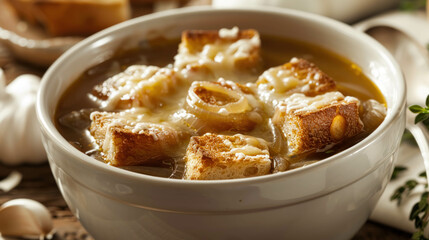 French Soupe À L'Oignon Dish, French Onion Soup, With Caramelized Onions in a Meat Beef Stock, Served Gratinéed with Croutons of Bread on Top Covered With Cheese