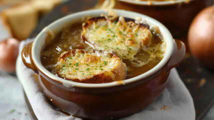 French Soupe À L'Oignon Dish, French Onion Soup, With Caramelized Onions in a Meat Beef Stock, Served Gratinéed with Croutons of Bread on Top Covered With Cheese