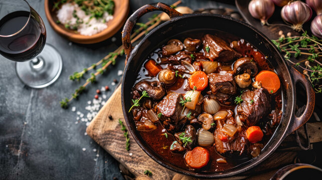 French Beef Bourguignon Dish, Stew Braised in Red Burgundy Wine, Cooked with Carrots, Onions, Garlic, a Bouquet Garni, Mushrooms and Lardons