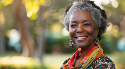 Photo portrait of an older senior black woman smiling to camera in an outdoors setting, blurred background, natural lighting, copy space - Powered by Adobe
