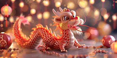 A blurred bokeh background with dragon and Chinese laterens  is decorated with festive decorations.
