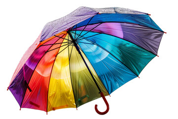 A transparent umbrella reflecting a rainbow of colors in a rainy urban setting. isolated on transparent background, png file