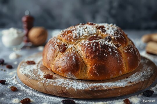 A large, brown bread loaf with powdered sugar on top