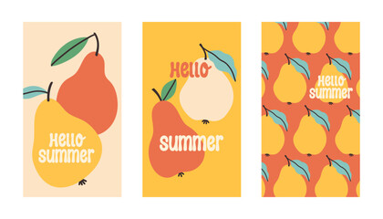 Summer poster pear set in flat style. Art for poster, postcard, wall art, banner background