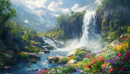 A powerful waterfall plunging into a river, creating a misty haze around the rocks and vibrant wildflowers nearby
