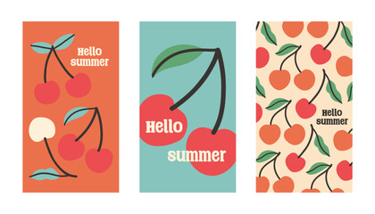 Summer poster cherry set in flat style. Art for poster, postcard, wall art, banner background