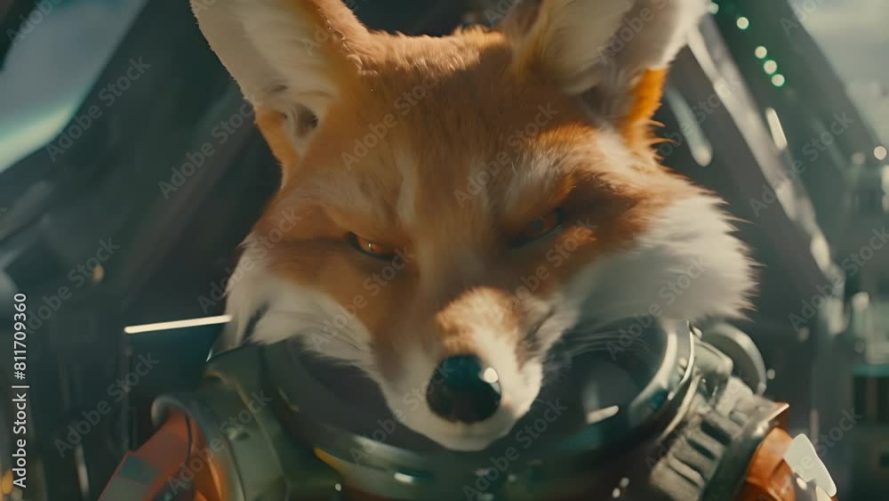 Wall mural fox astronaut in spaceship cockpit with ai generated.