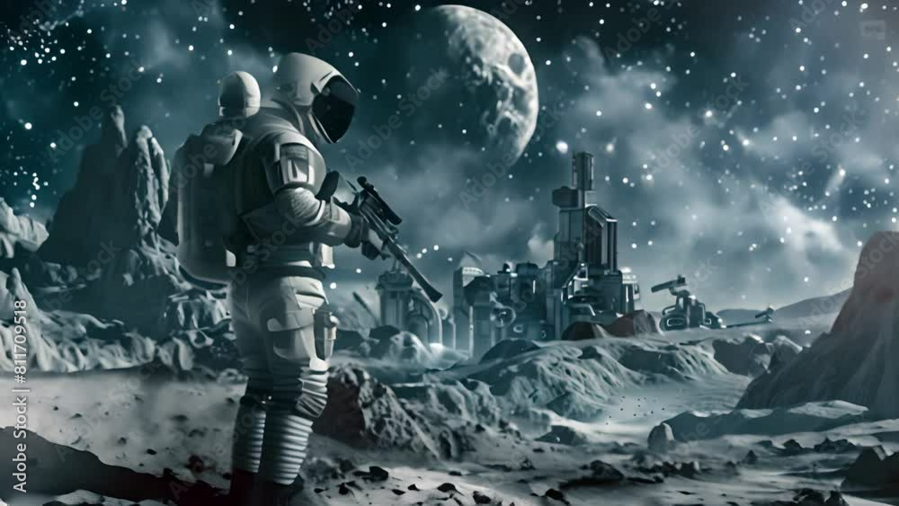 Sticker astronaut on lunar surface with space colony with ai generated.