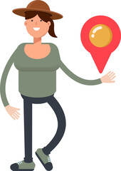 Woman in Hat Character Holding Map Pin
