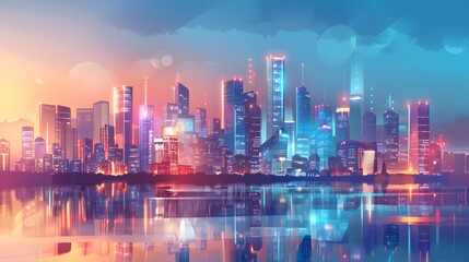 Obraz premium Smart City dazzling cityscape view at dusk with skyscrapers 