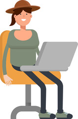 Woman in Hat Character Working on Laptop
