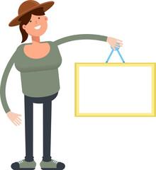 Woman in Hat Character Holding Blank Signage
